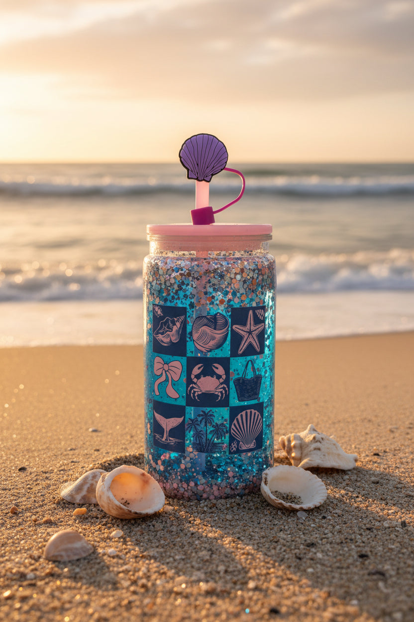 Beachy Glitter Tumbler with Shell Straw Topper