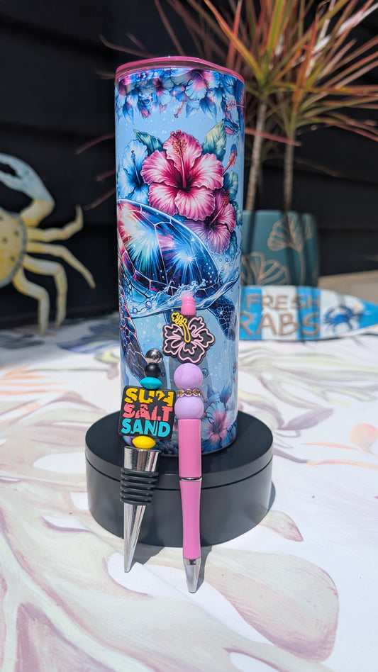 SOLD! Sea Turtle Bundle! 20 oz stainless steel tumbler comes with a beaded pen and wine stopper!